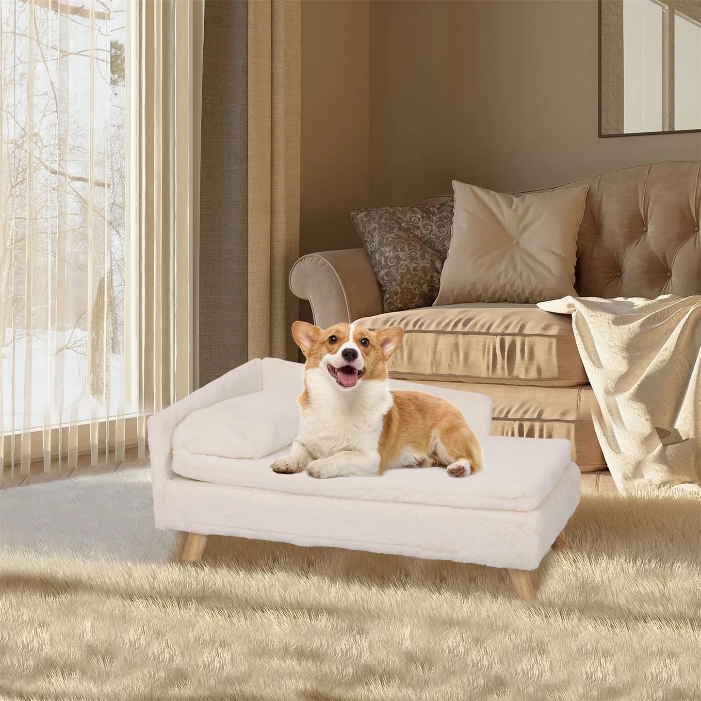 Nordic L-Shape Dog Sofa Bed | Rubber Wood Legs | Waterproof Cover | S & L | White