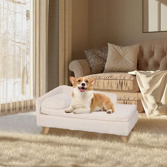 Nordic L-Shape Dog Sofa Bed | Rubber Wood Legs | Waterproof Cover | S & L | White