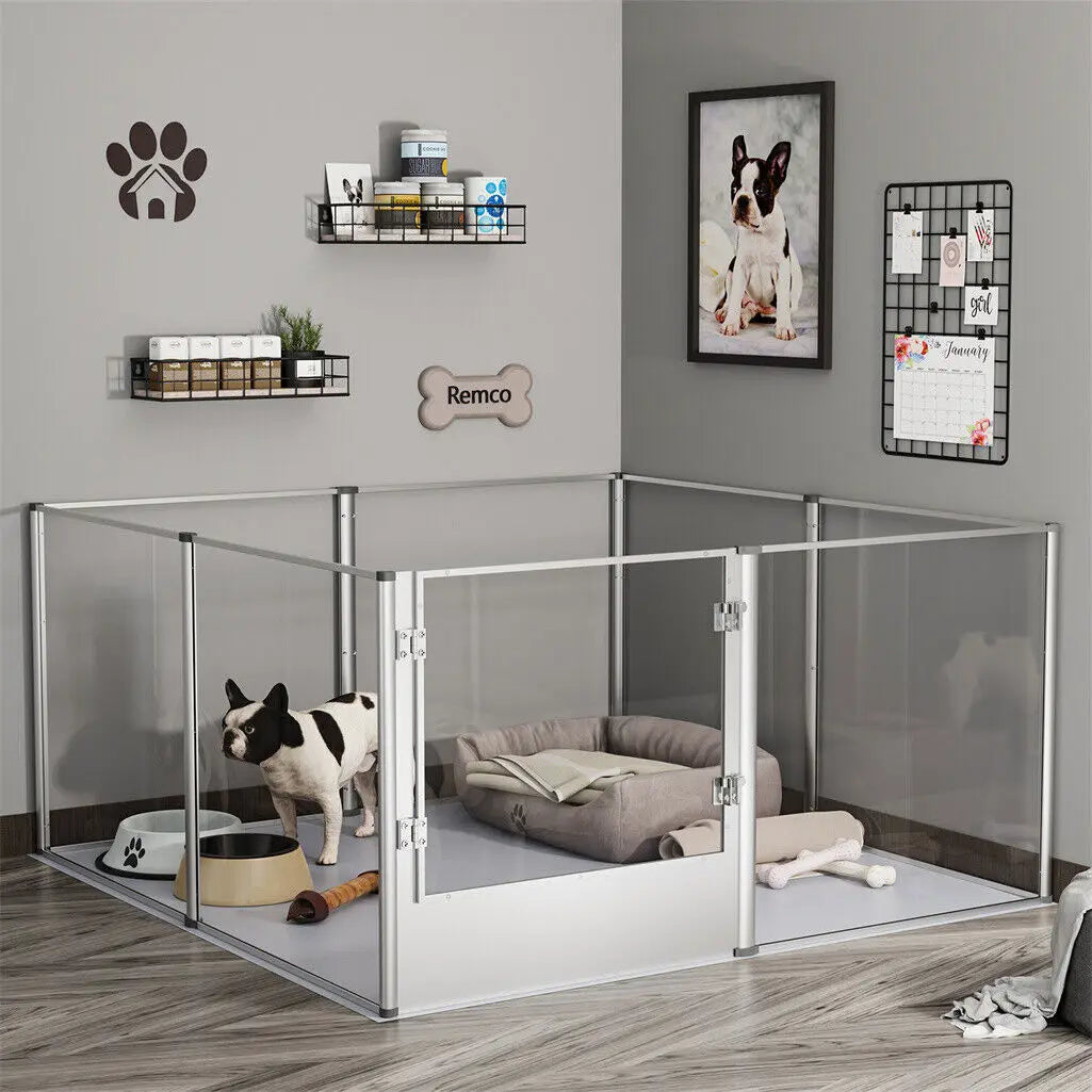 Clear Acrylic Dog Playpen | Indoor Whelping Pen | Waterproof Floor Pad | 4 Sizes