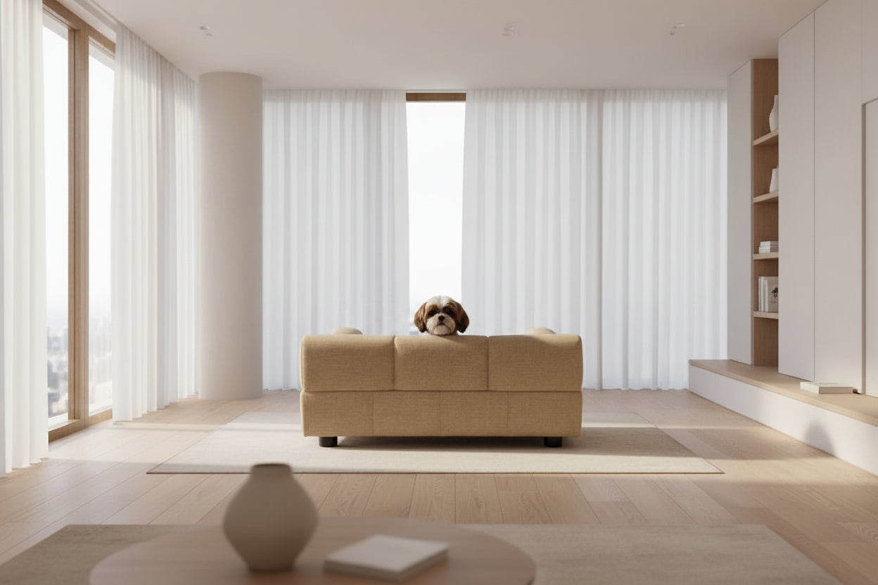 Puffer Pet Sofa Bed | Tufted Cushion & Armrest | Stylish Indoor Dog Furniture | Sand