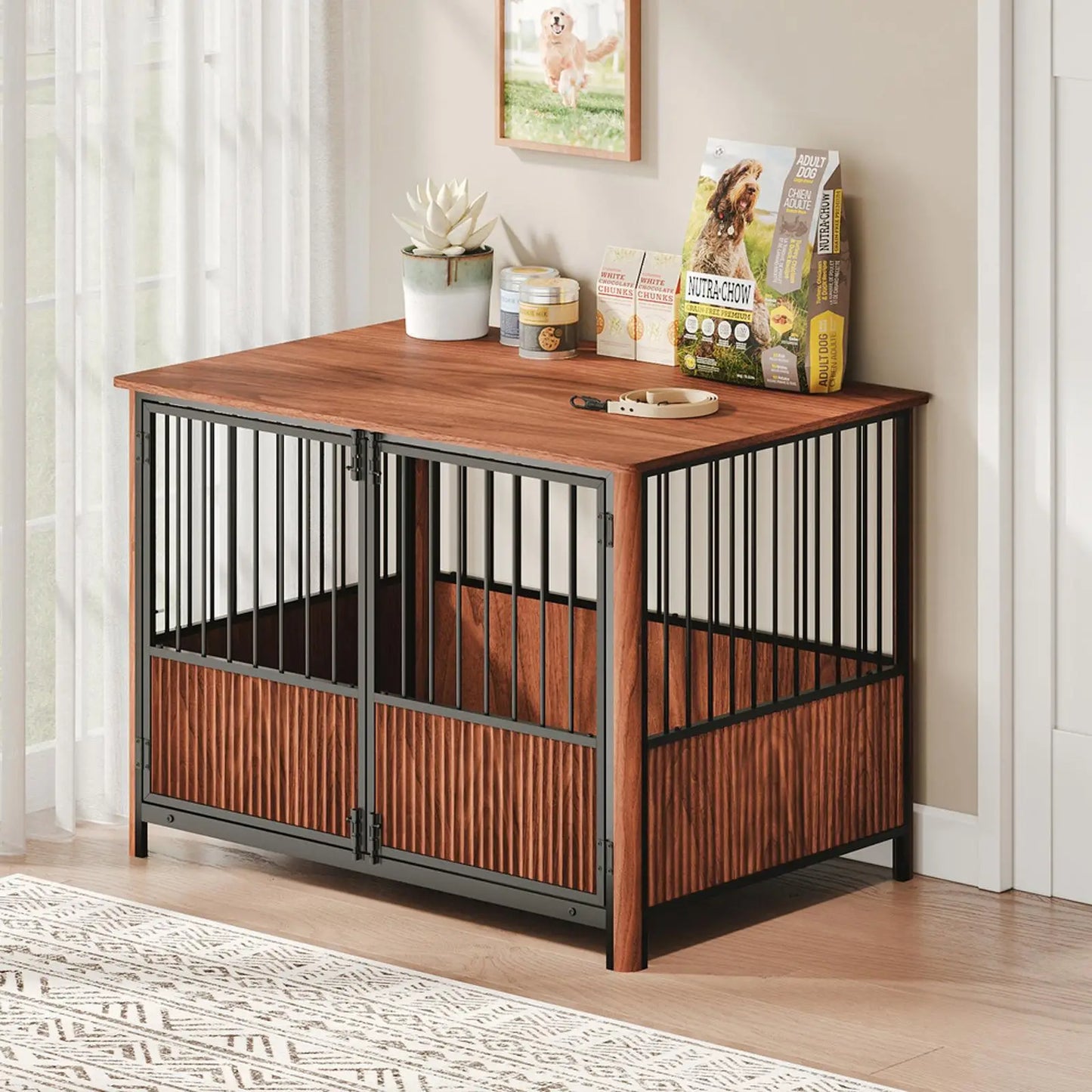 Walnut Furniture Dog Crate — 43" Indoor Kennel with Multi-Door Access & Storage Top