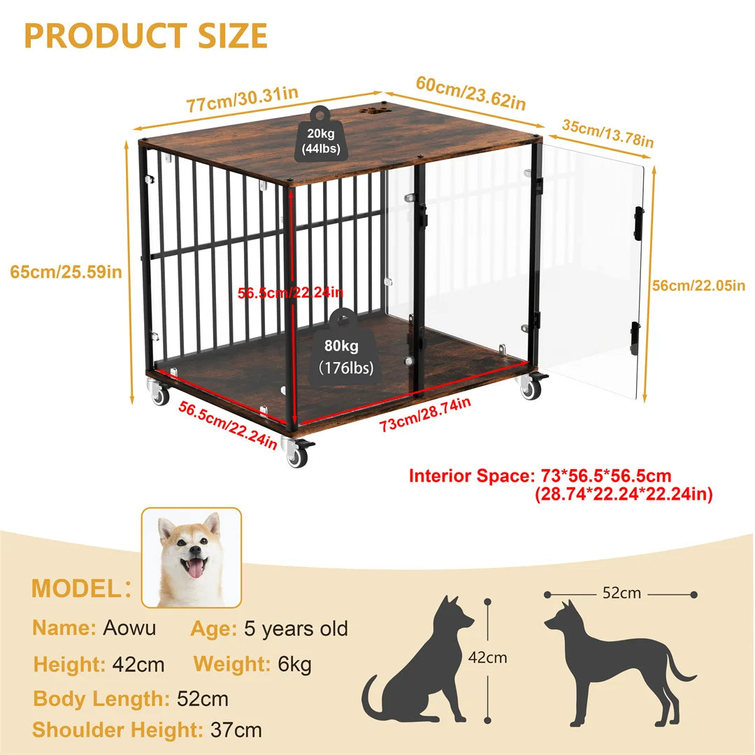 Anti-Bite Pet Kennel Furniture with Side Table,Tempered Glass Dog Cage Iron Pet Crate with Wheels for Indoor Use