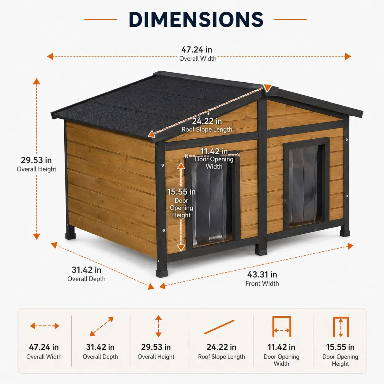 47" Outdoor Wooden Dog House — Double Door with Clear Flaps, Openable Roof & Raised Floor