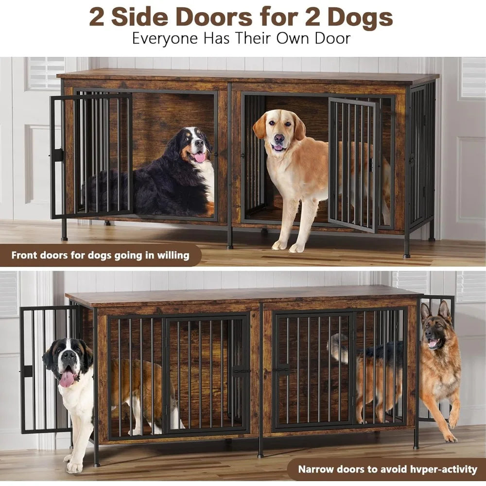 Heavy Duty Dog Crate Furniture — Double Kennel for Large Dogs, 78" Wide
