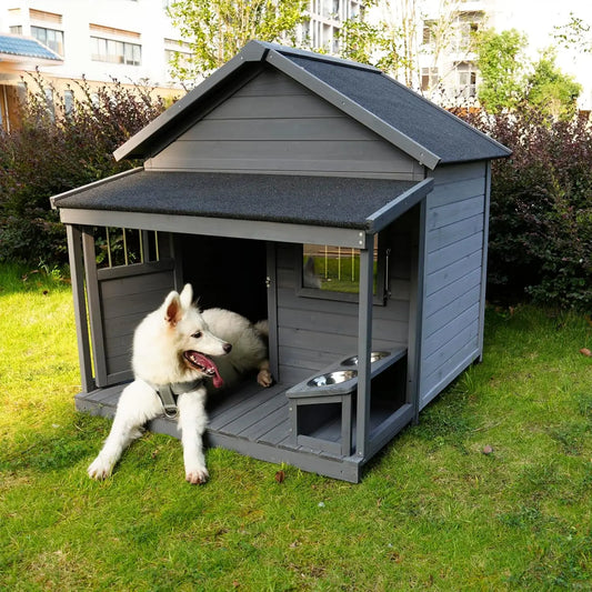 Large Outdoor Dog House with Covered Terrace — 44" Weatherproof Wood & Asphalt Roof