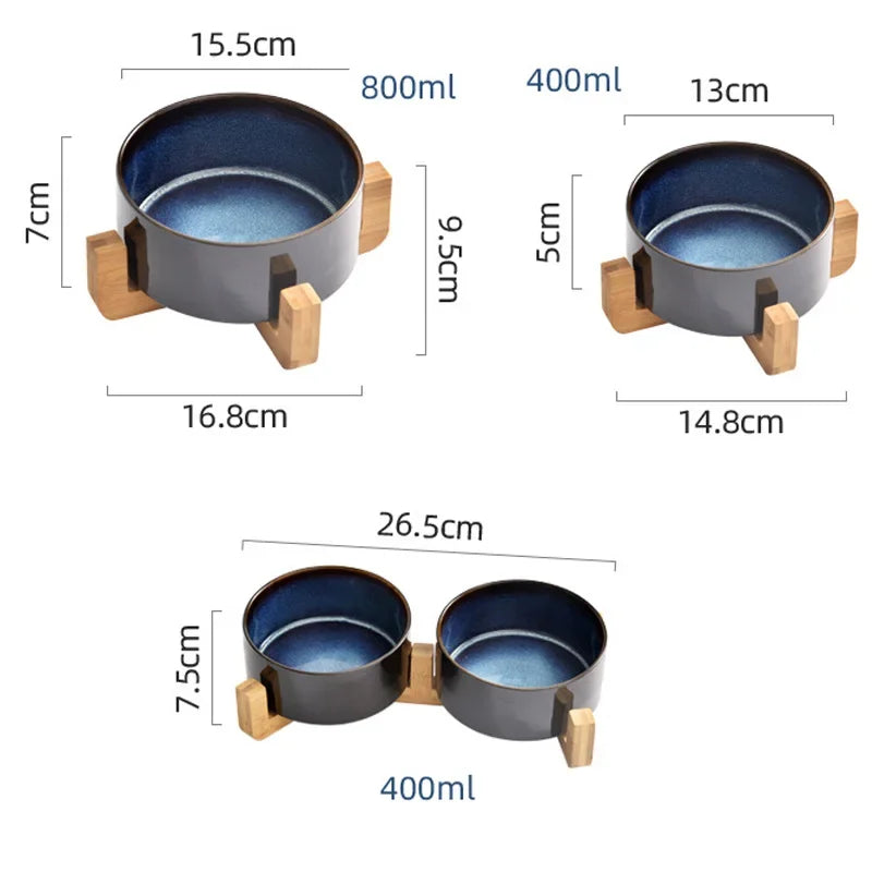 Ceramic Dog Bowl with Wooden Base | Single or Double | Anti-Overturn | Neck Protection