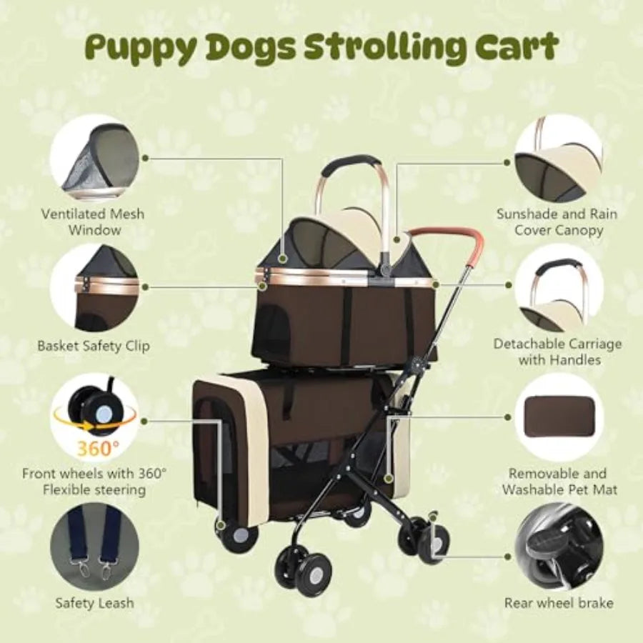 Double Dog Stroller | One-Step Fold | 2 Detachable Carriers | Small & Medium Dogs