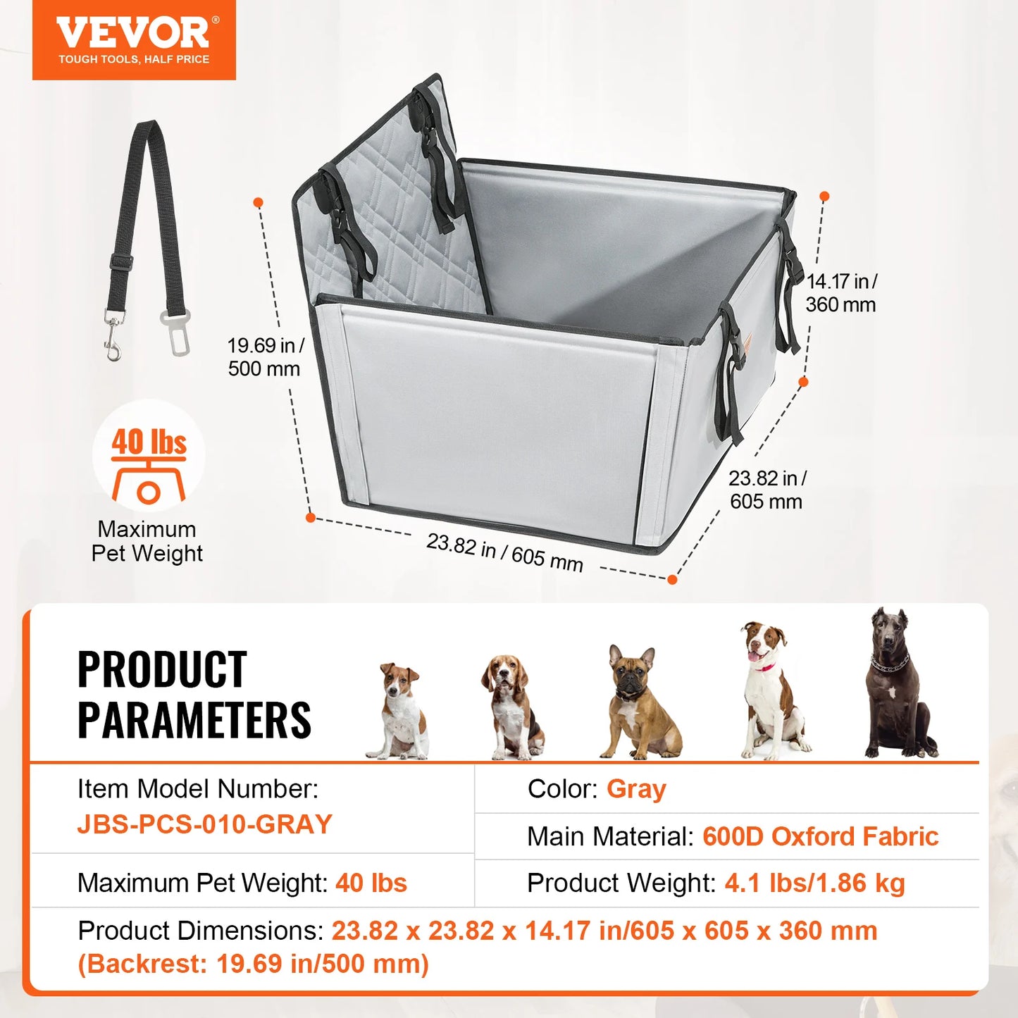 Dog Car Booster Seat | Sofa-Style | Waterproof | Clip-On Safety Leash | Up to 100lbs