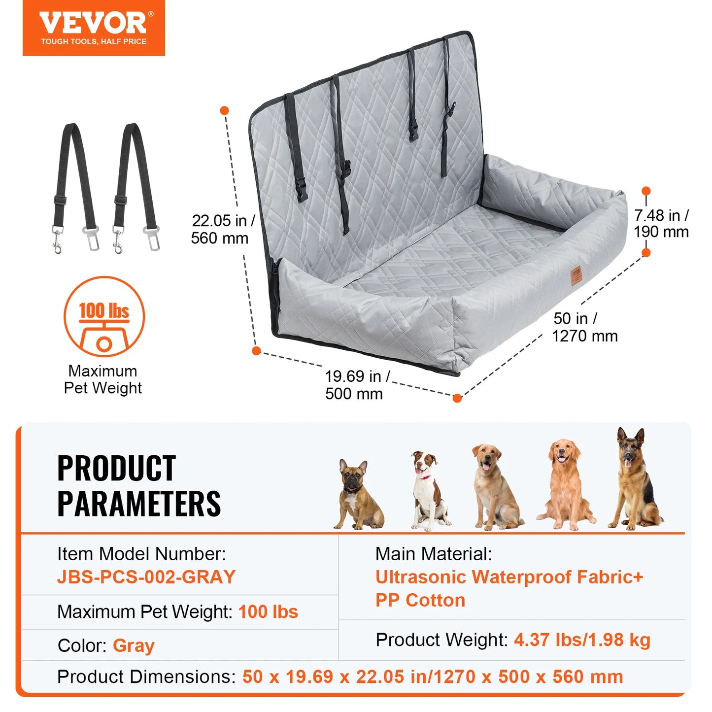 Dog Car Booster Seat | Sofa-Style | Waterproof | Clip-On Safety Leash | Up to 100lbs