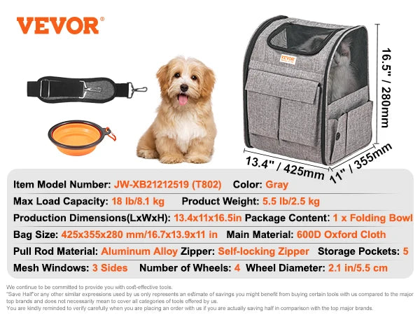Rolling Dog Carrier Backpack | 4-Wheel Telescopic Handle | Airline-Compatible | Up to 35lbs