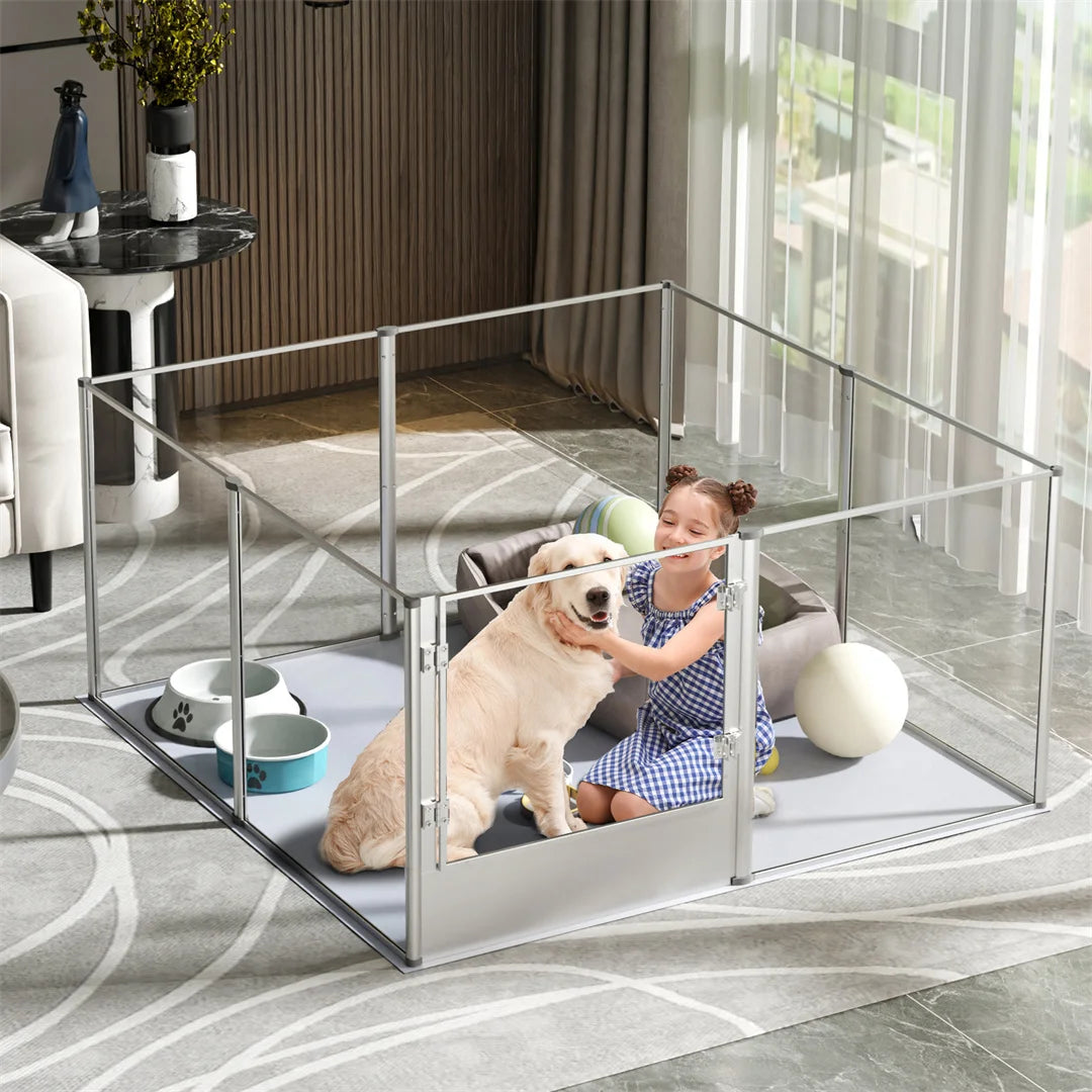 Clear Acrylic Dog Playpen | Indoor Whelping Pen | Waterproof Floor Pad | 4 Sizes