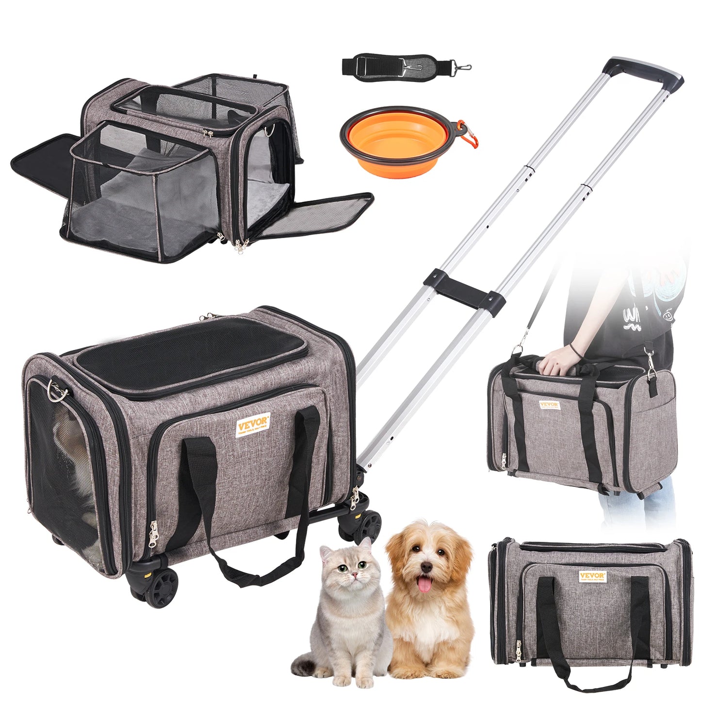 Rolling Dog Carrier Backpack | 4-Wheel Telescopic Handle | Airline-Compatible | Up to 35lbs