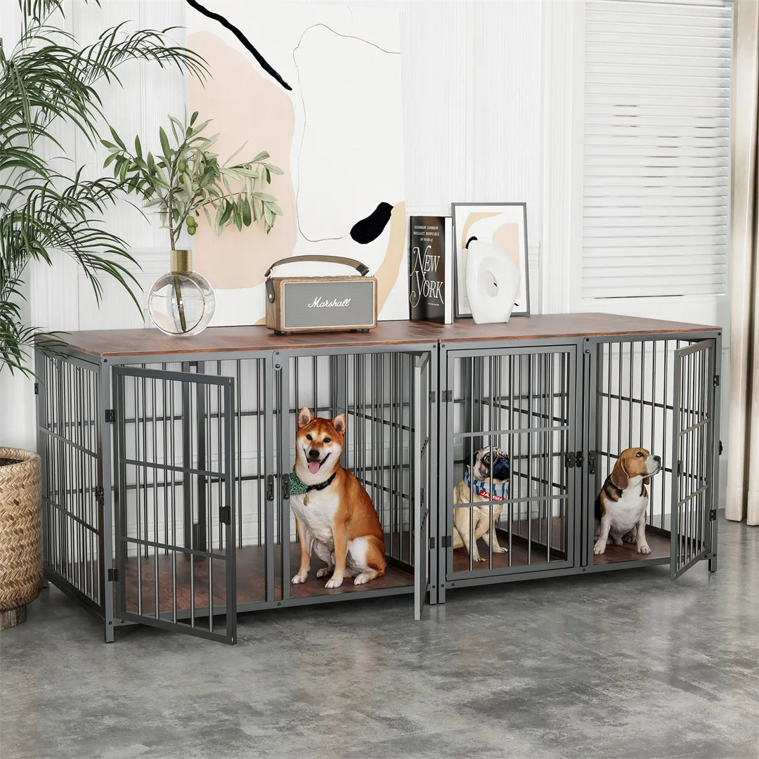 Furniture-Style Wooden Dog Crate | Side Table | 4 Doors | Holds 110lbs | Black & Dark Walnut