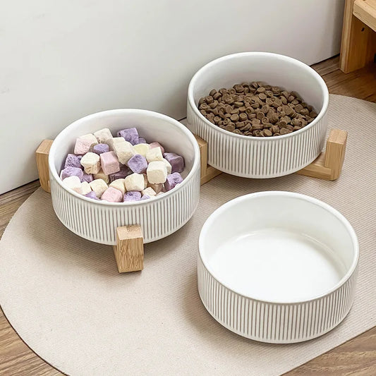 Nordic Ceramic Dog Bowl | Bamboo Stand | Short, High & Double Options | 400ml | Small Dogs