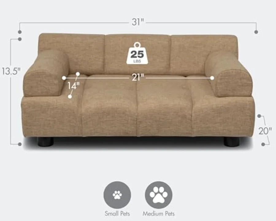 Puffer Pet Sofa Bed | Tufted Cushion & Armrest | Stylish Indoor Dog Furniture | Sand