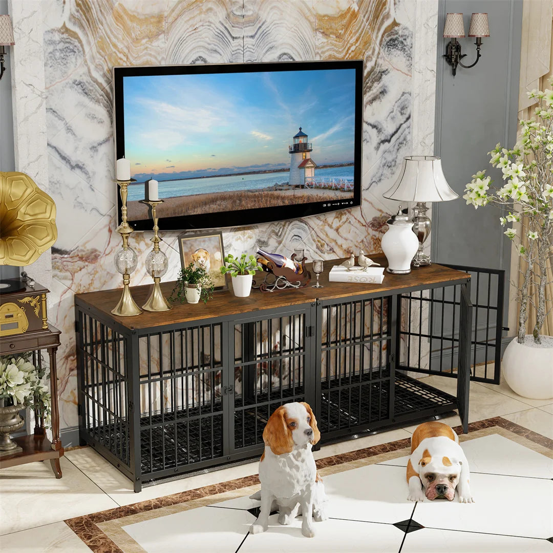 Wooden Dog Crate Black Metal Pet Furniture White Dog Cage End Table, 3 Doors & Removable Tray, for Small/Medium/Large Dogs