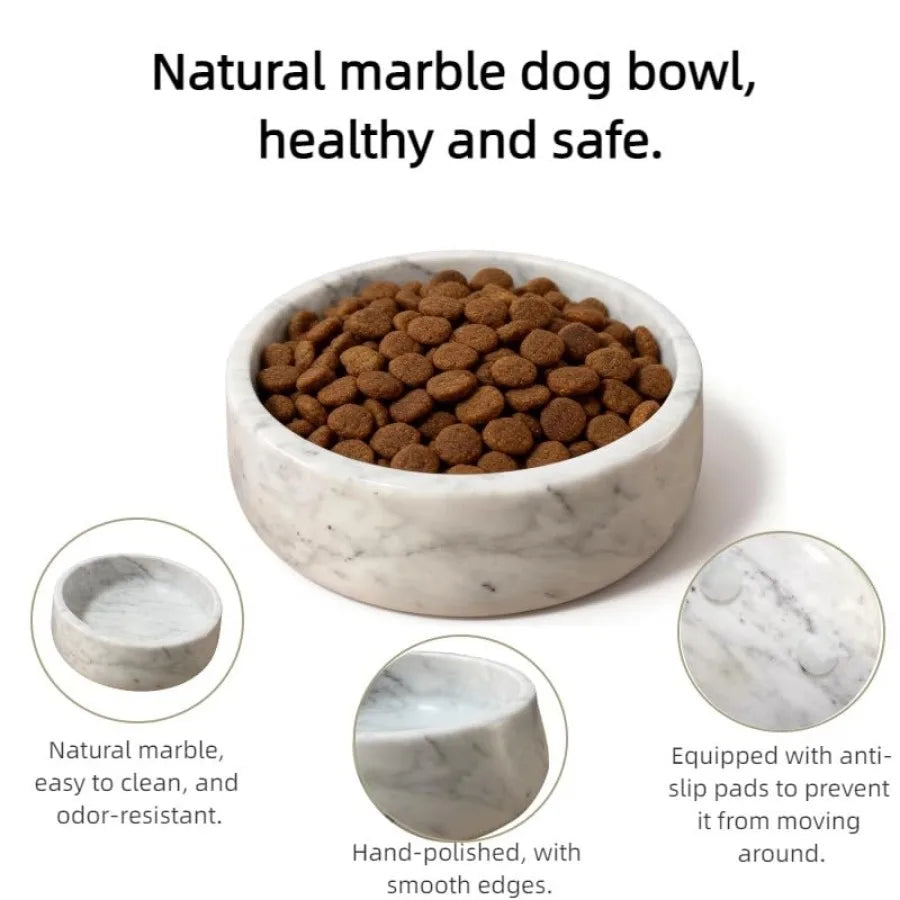 Natural Carrara Marble Dog Bowl — Heavy Duty Non-Slip Pet Dish