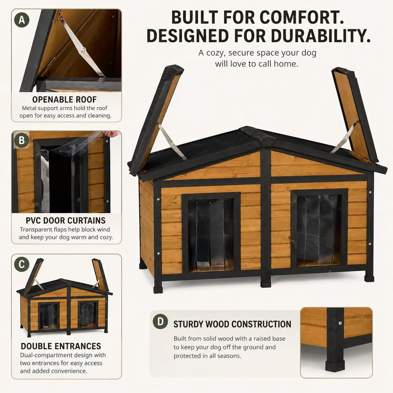 47" Outdoor Wooden Dog House — Double Door with Clear Flaps, Openable Roof & Raised Floor
