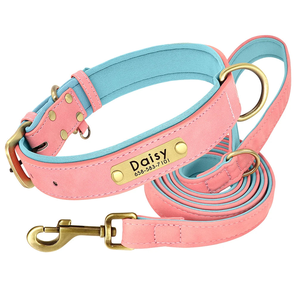 Personalized PU Leather Dog Collar & Leash Set — Soft Padded, Free Engraved Nameplate | XS–XL