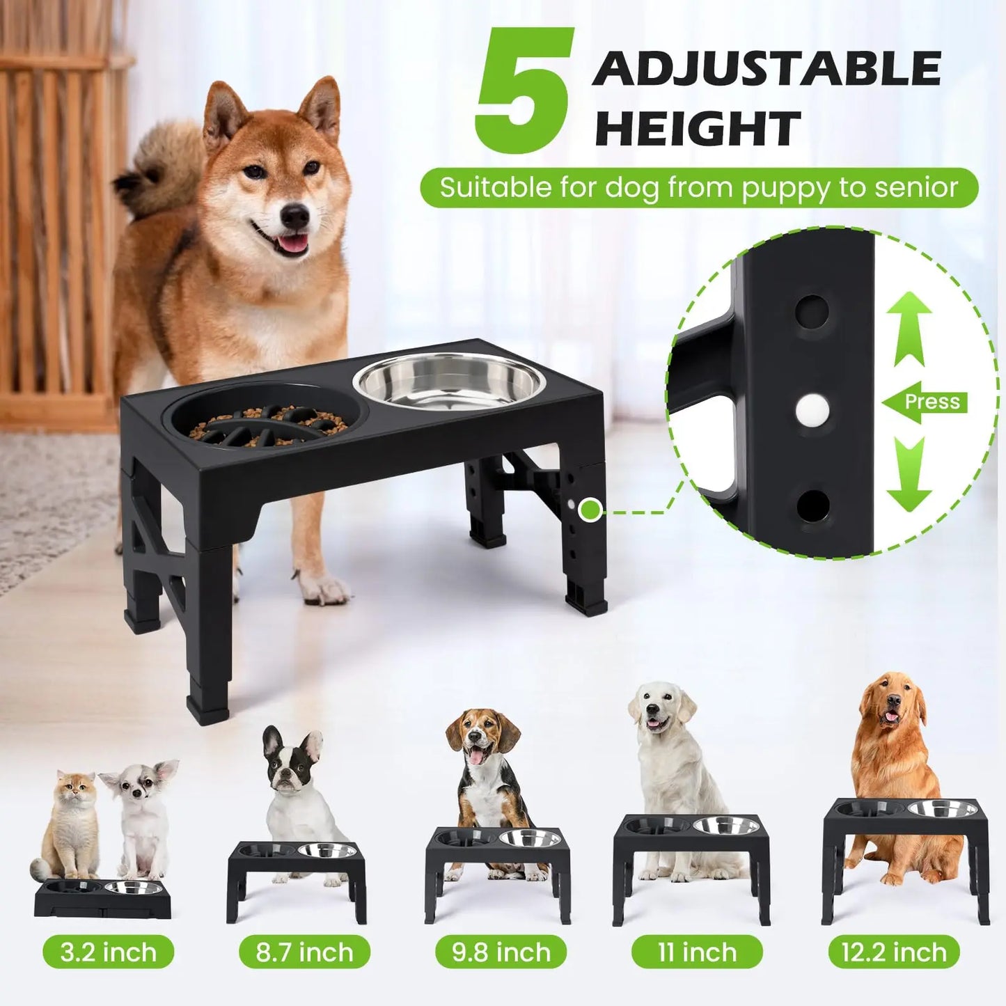 Adjustable Elevated Dog Feeder | Double Stainless Steel Bowls | Food & Water | Small to Large Dogs