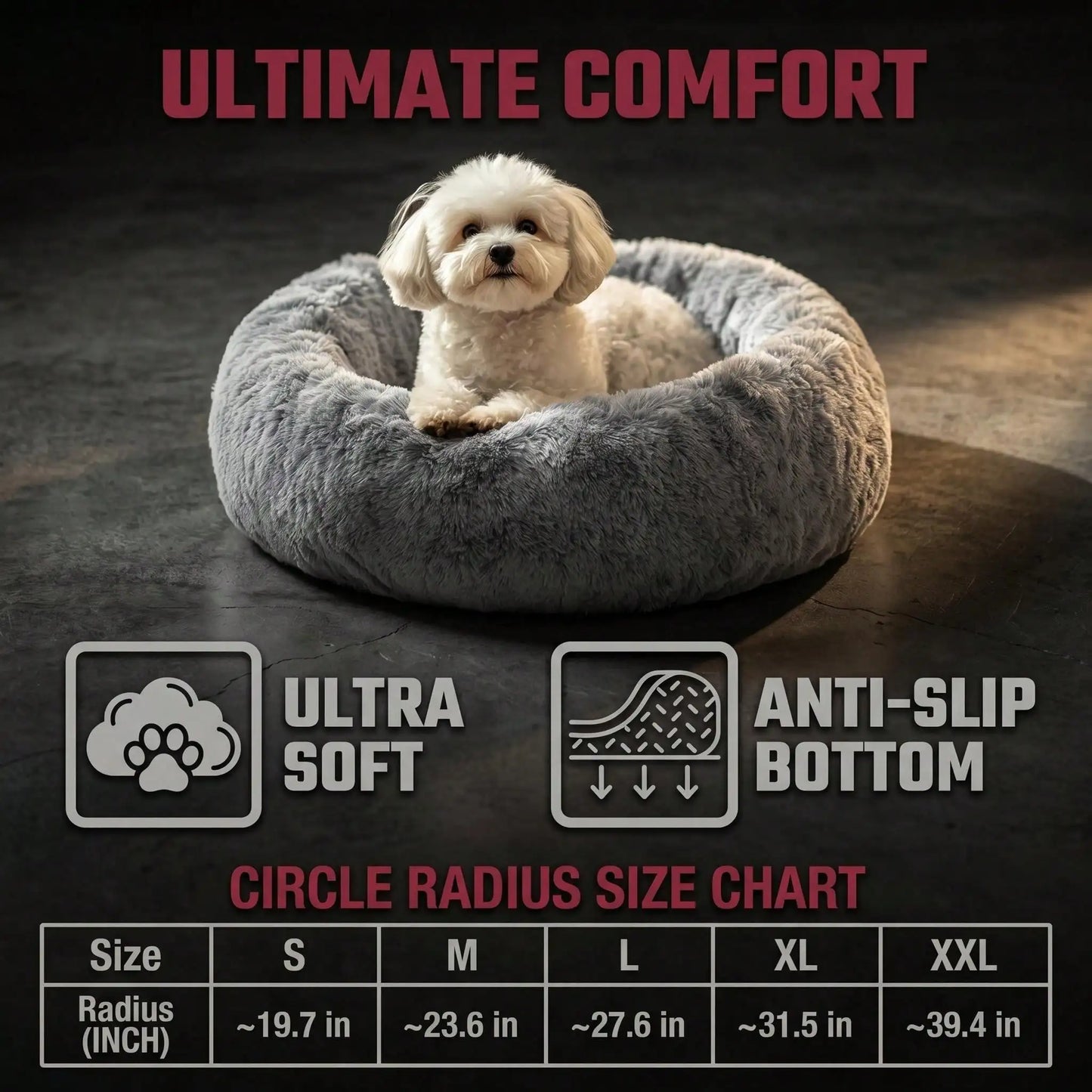 Calming Donut Dog Bed | Anti-Anxiety Round Cushion | Washable | 5 Sizes | Light Grey