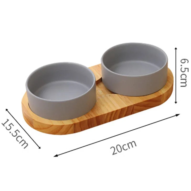 Ceramic Dog Bowl with Wooden Stand | Anti-Tip | Neck Protection | Stylish Pet Feeder
