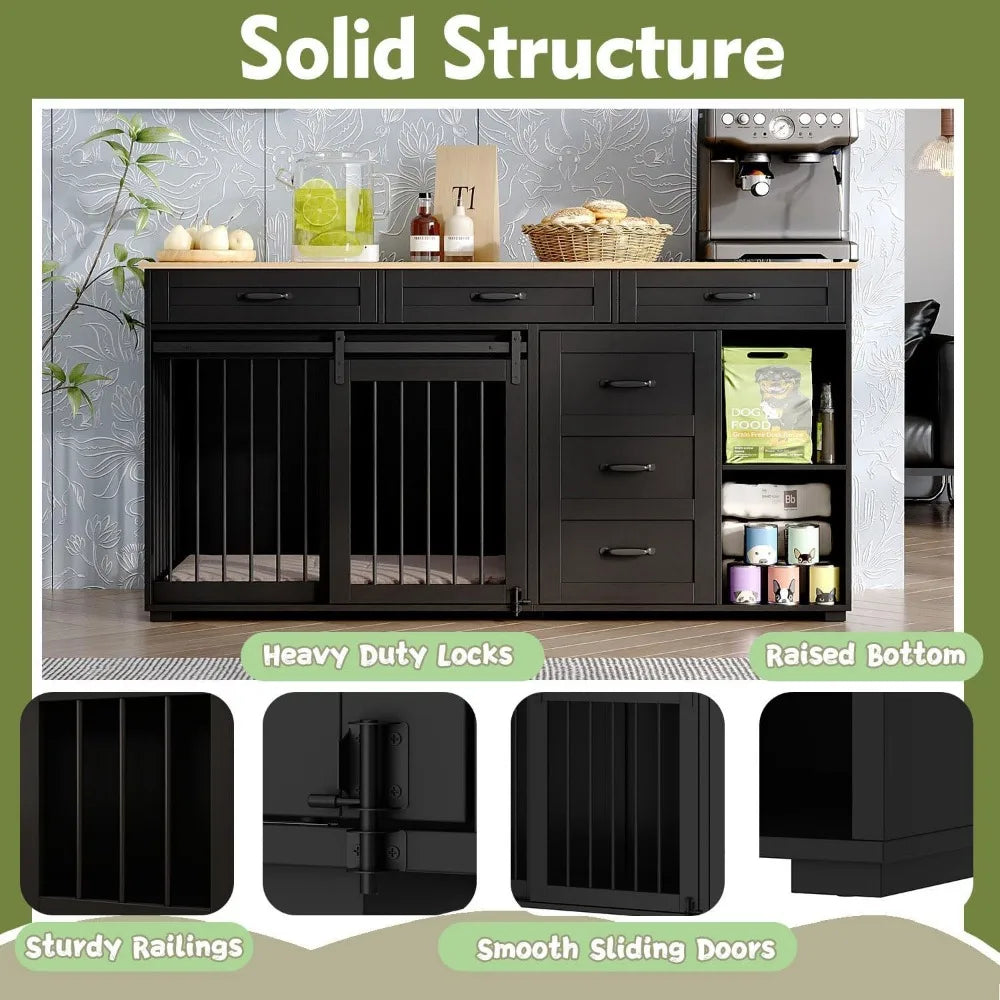 72.5" Dog Crate Furniture with TV Stand, Drawers & Shelves — Heavy Duty Indoor Kennel