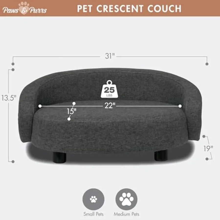 Arc Crescent Back Sofa Dog Bed | Tufted Cushion & Armrest | Modern Indoor Pet Furniture | Dark Gray