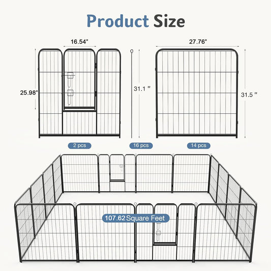 16-Panel Foldable Metal Dog Playpen — 32" Height, Indoor & Outdoor Pet Fence