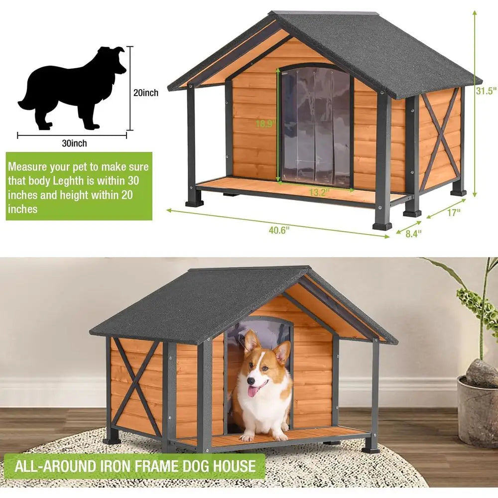 Wooden Dog House with Iron Frame & Front Porch