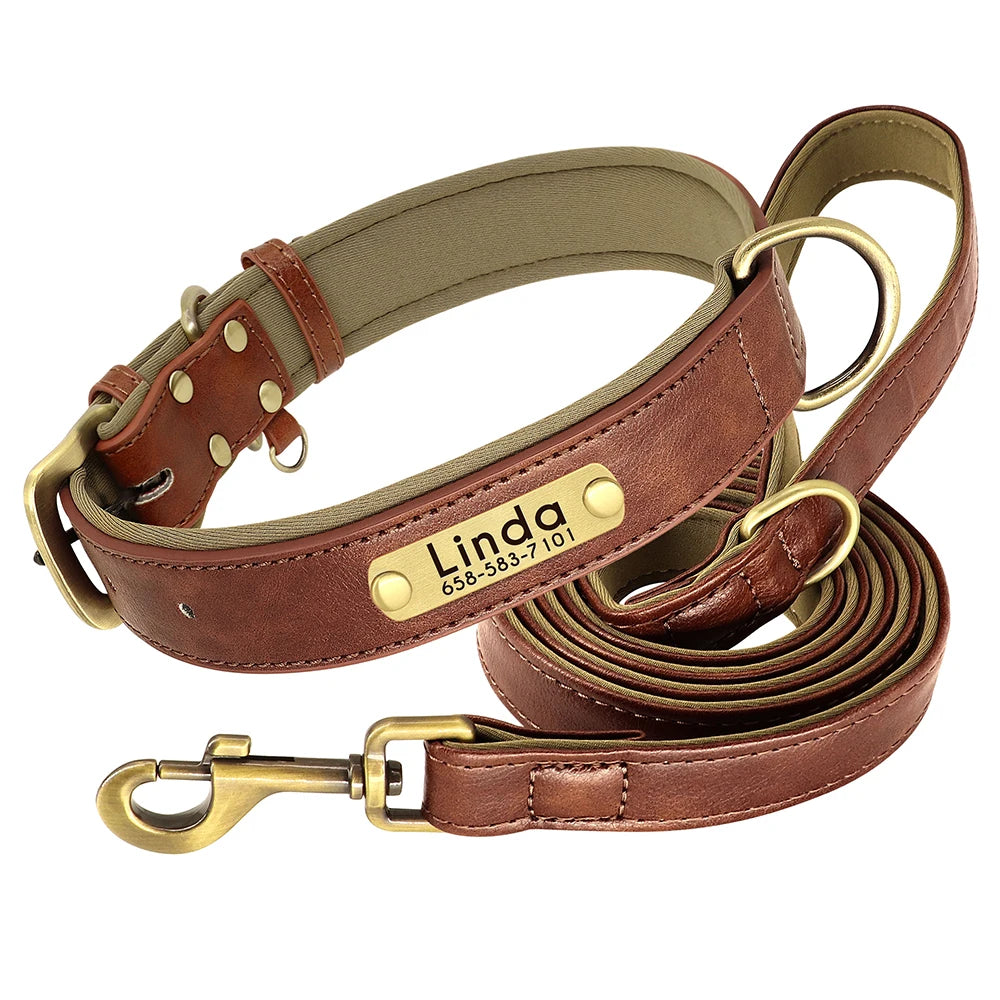 Personalized PU Leather Dog Collar & Leash Set — Soft Padded, Free Engraved Nameplate | XS–XL