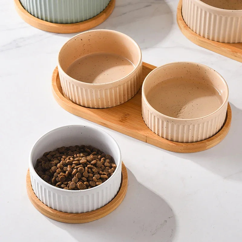 Nordic Ceramic Dog Bowl Set | Single, Double & Triple | Wooden Tray | 3 Colors | 400ml & 850ml