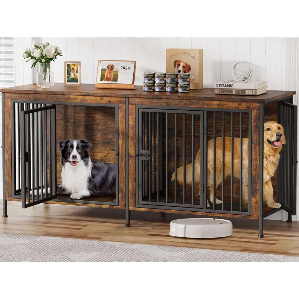 Heavy Duty Dog Crate Furniture — Double Kennel for Large Dogs, 78" Wide