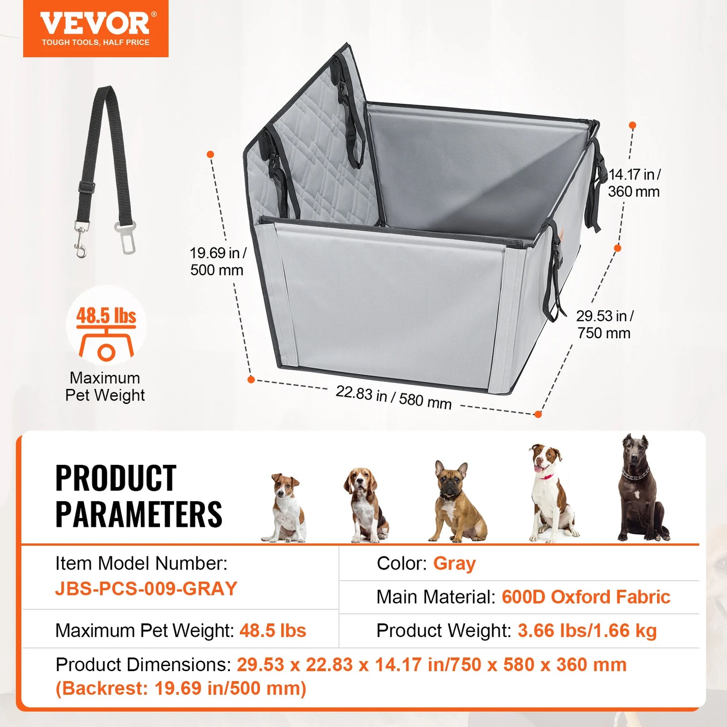 Dog Car Booster Seat | Sofa-Style | Waterproof | Clip-On Safety Leash | Up to 100lbs