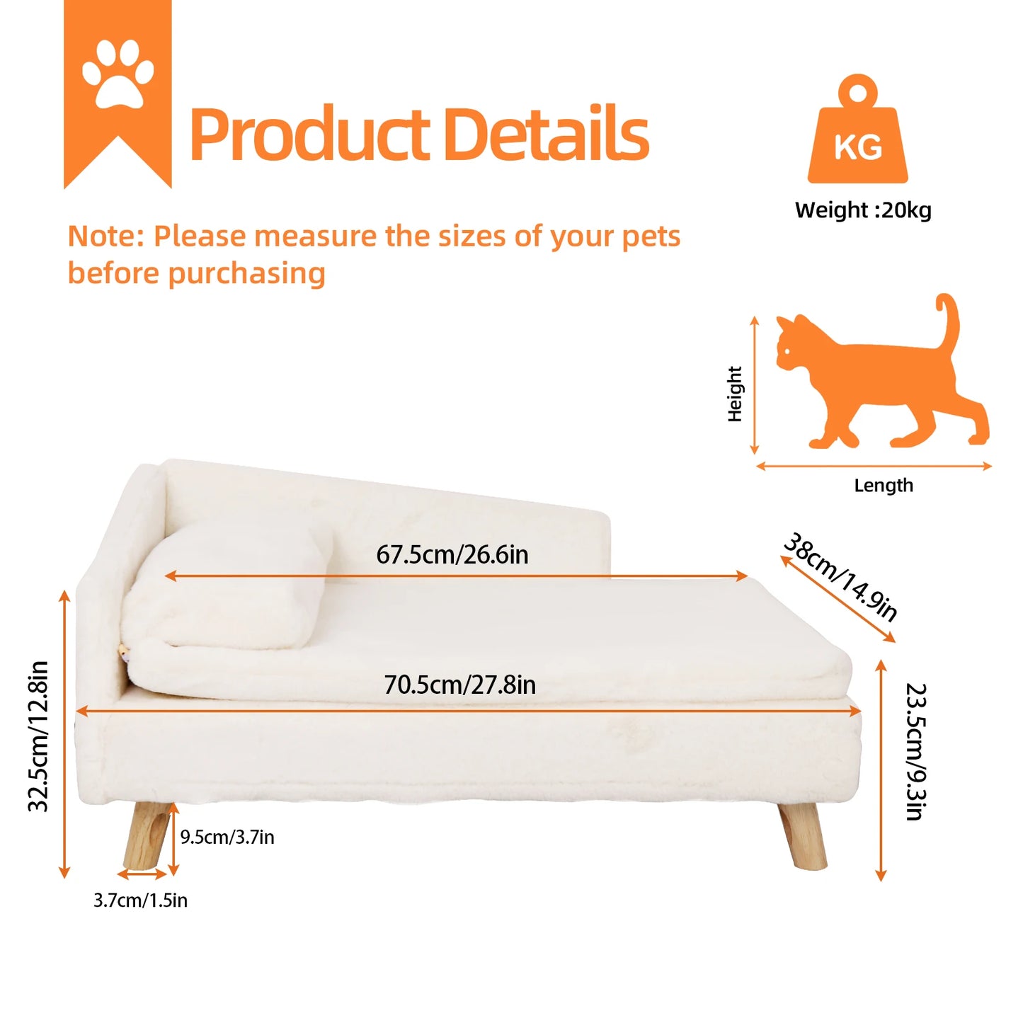 Nordic L-Shape Dog Sofa Bed | Rubber Wood Legs | Waterproof Cover | S & L | White