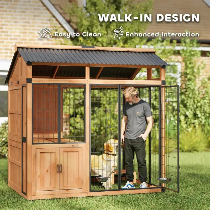 Hartelier Outdoor Wood Dog House | 7' x 5' with Platform & Storage Cabinet