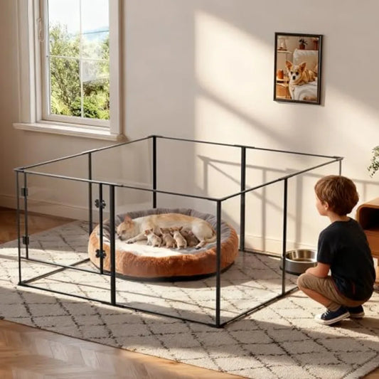 Acrylic Clear Dog Playpen — 8-Panel, 24" Tall, Metal Frame | Indoor Transparent Pet Pen