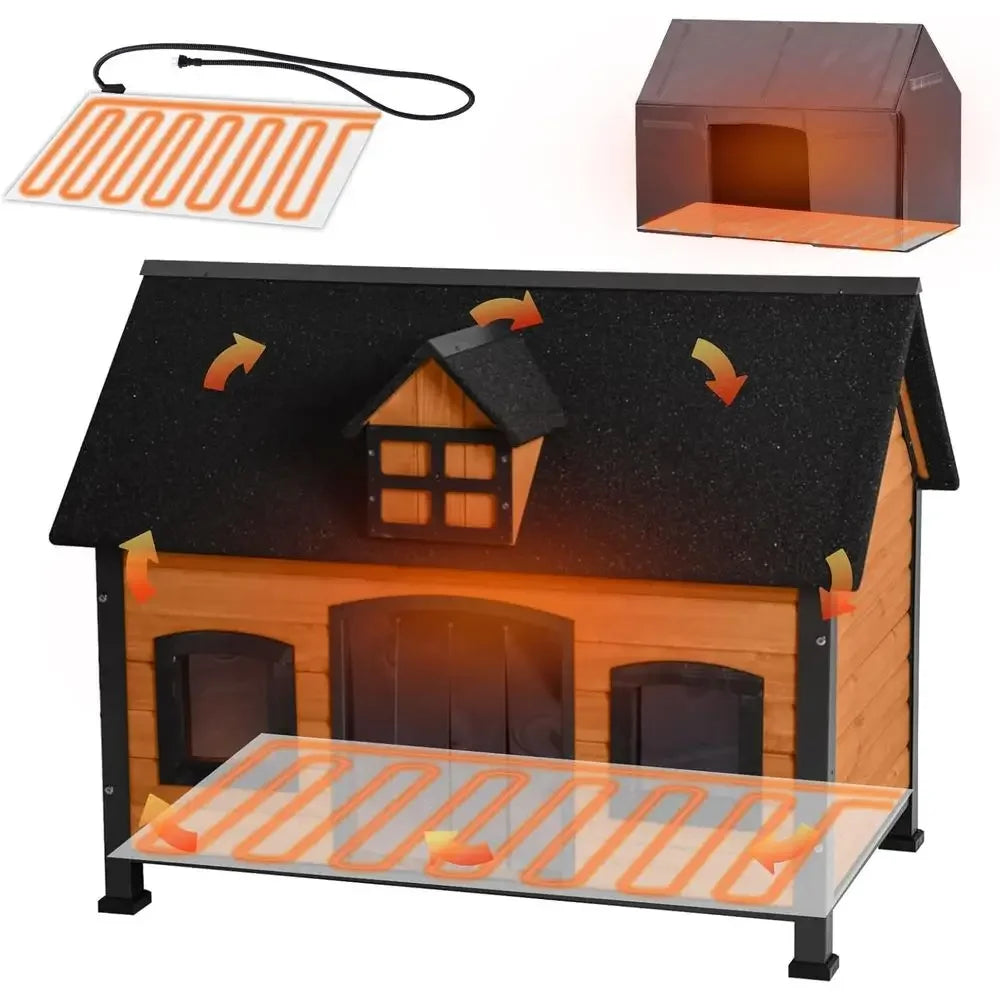 Heated Wooden Dog House | Insulated Shelter & Reinforced Metal Frame