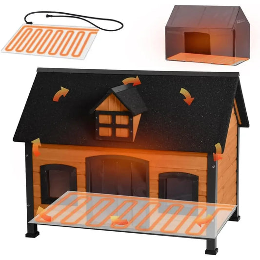 Heated Wooden Dog House | Insulated Shelter & Reinforced Metal Frame