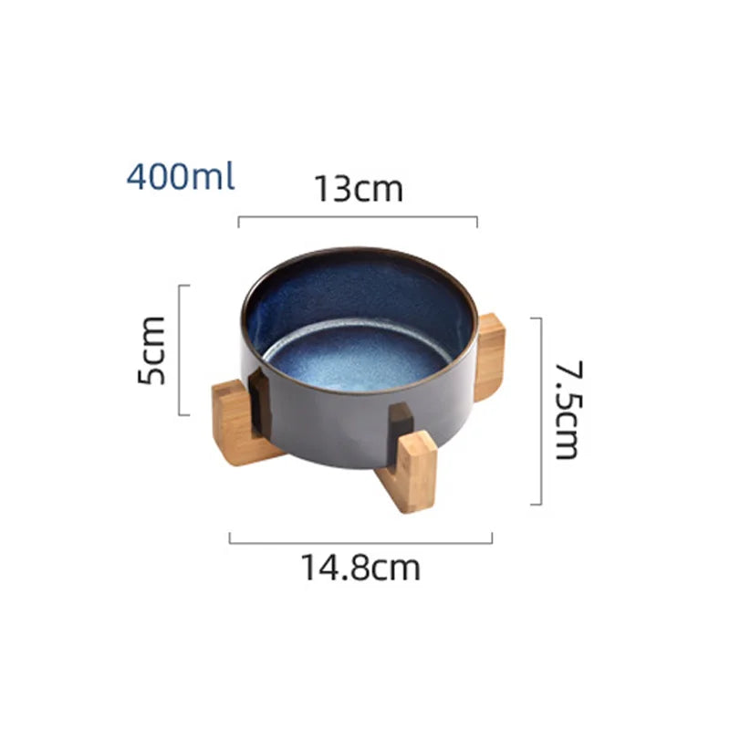 Ceramic Dog Bowl with Wooden Base | Single or Double | Anti-Overturn | Neck Protection