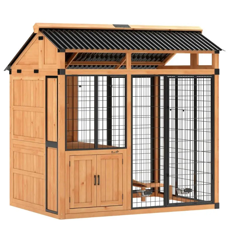 Hartelier Outdoor Wood Dog House | 7' x 5' with Platform & Storage Cabinet