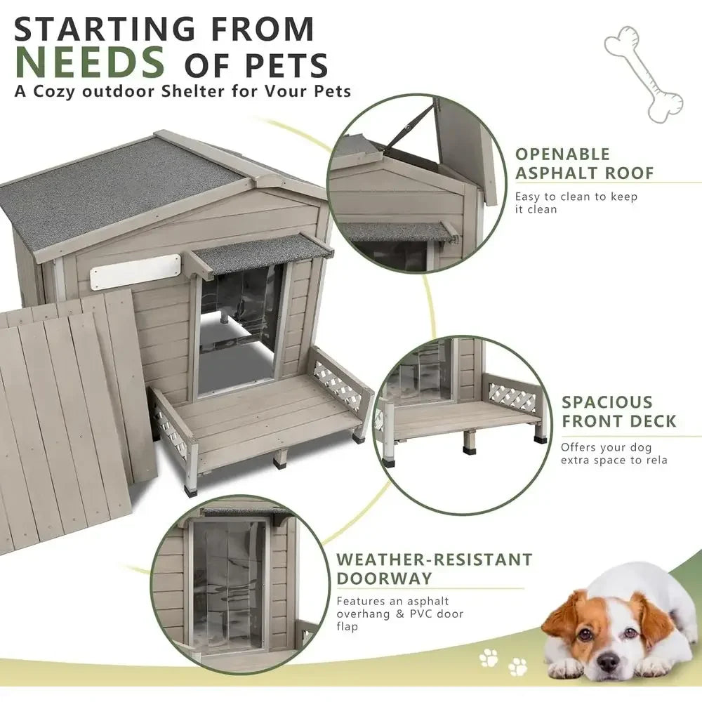 Outdoor Wooden Dog Kennel | Weatherproof Roof, Raised Floor & Ventilated Window | Gray