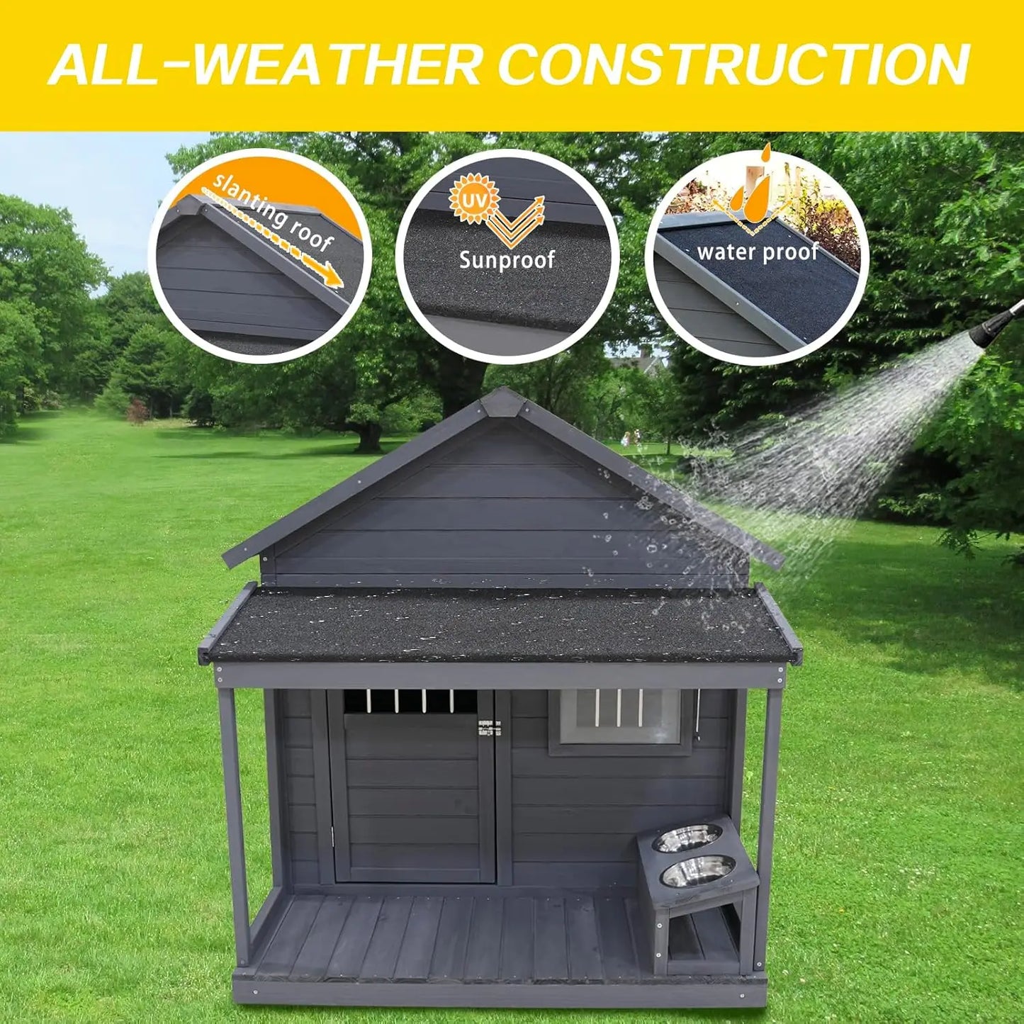 Large Outdoor Dog House with Covered Terrace — 44" Weatherproof Wood & Asphalt Roof