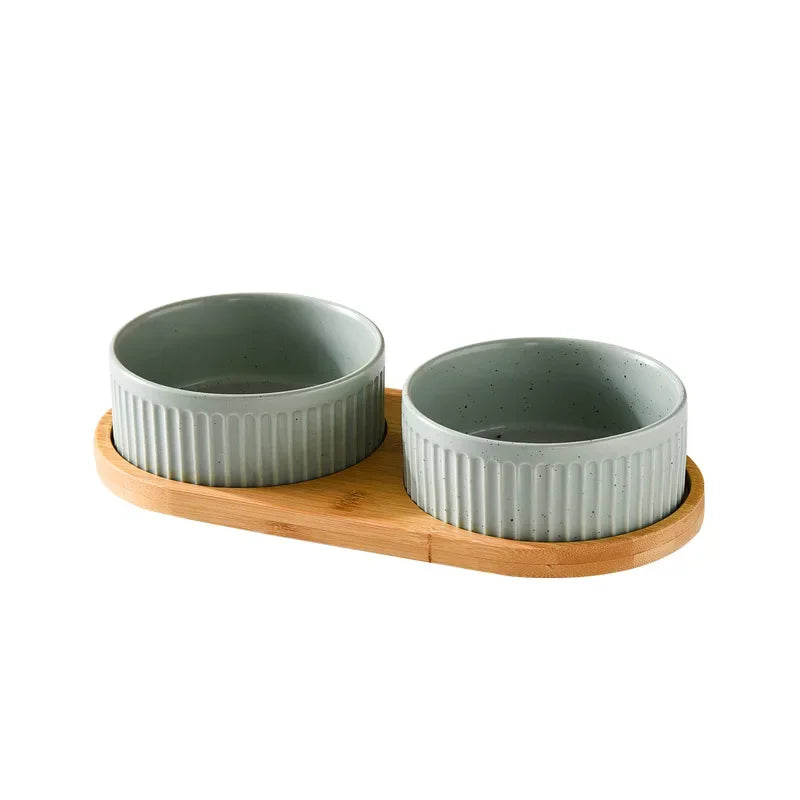Nordic Ceramic Dog Bowl Set | Single, Double & Triple | Wooden Tray | 3 Colors | 400ml & 850ml
