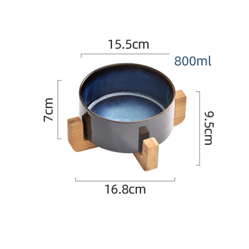 Ceramic Dog Bowl with Wooden Base | Single or Double | Anti-Overturn | Neck Protection