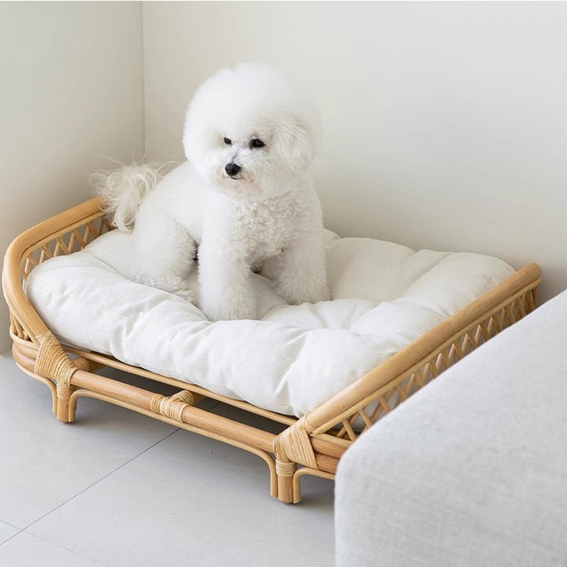 Rattan Dog Bed & Kennel | Natural Wood, Cushion Included | Small & Medium Dogs