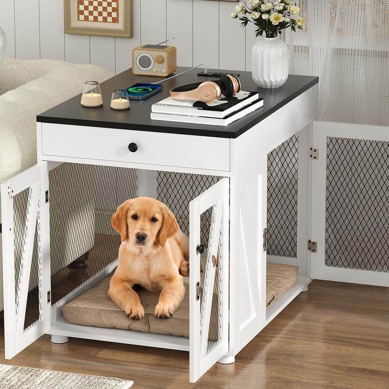 Dog Crate End Table with Drawer & USB Charging