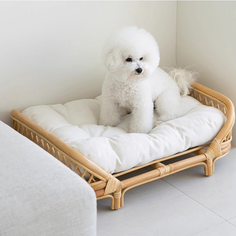 Rattan Dog Bed & Kennel | Natural Wood, Cushion Included | Small & Medium Dogs
