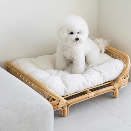 Rattan Dog Bed & Kennel | Natural Wood, Cushion Included | Small & Medium Dogs