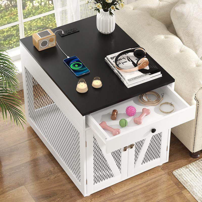 Dog Crate End Table with Drawer & USB Charging